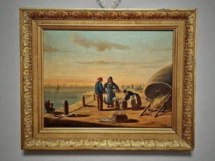 Antique French Oil Painting Harbor Scene With Figures, Original Nautical Coastal Artwork, Maritime Wall Decor, Framed European Fine Art