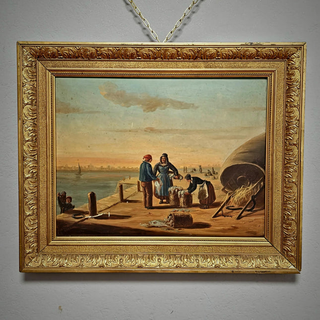 Antique French Oil Painting Harbor Scene With Figures, Original Nautical Coastal Artwork, Maritime Wall Decor, Framed European Fine Art