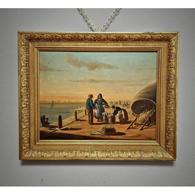 Antique French Oil Painting Harbor Scene With Figures, Original Nautical Coastal Artwork, Maritime Wall Decor, Framed European Fine Art