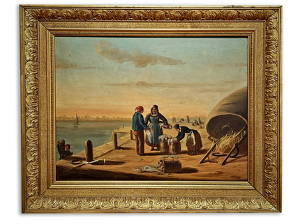 Antique French Oil Painting Harbor Scene With Figures, Original Nautical Coastal Artwork, Maritime Wall Decor, Framed European Fine Art