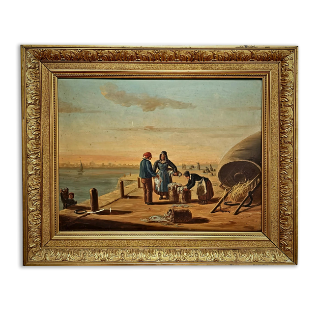 Antique French Oil Painting Harbor Scene With Figures, Original Nautical Coastal Artwork, Maritime Wall Decor, Framed European Fine Art