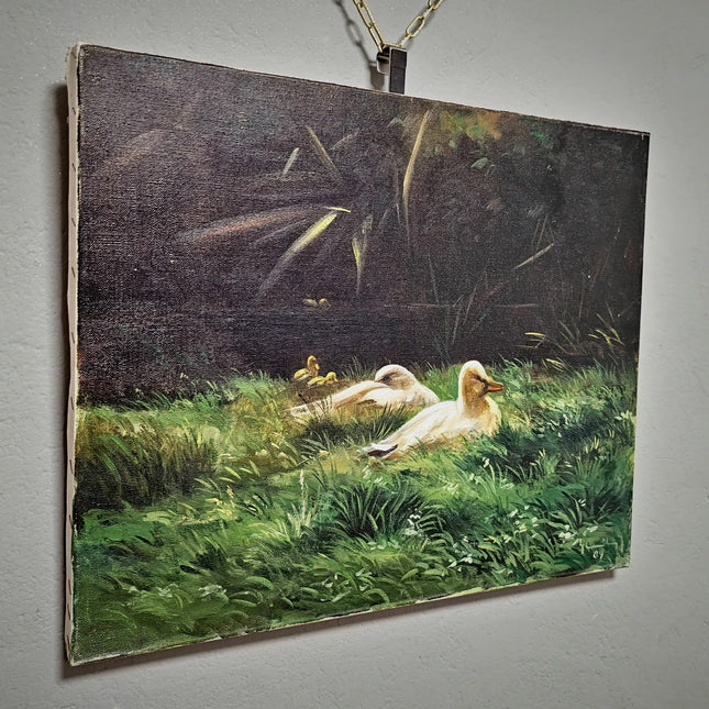 Vintage French Animal Oil Painting Ducks in Meadow, Rustic Farmhouse Wall Decor, Signed Artwork, Collectible European Art, Unique Gift Idea