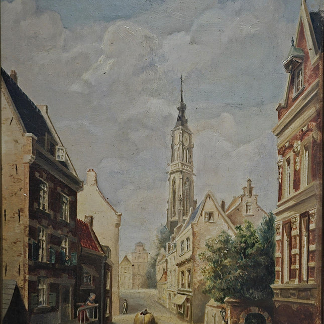 Antique Belgian Cityscape Oil Painting, Gold Framed Original Artwork, Signed Collectible Fine Landscape, Cottagecore Decor, Home Wall Art