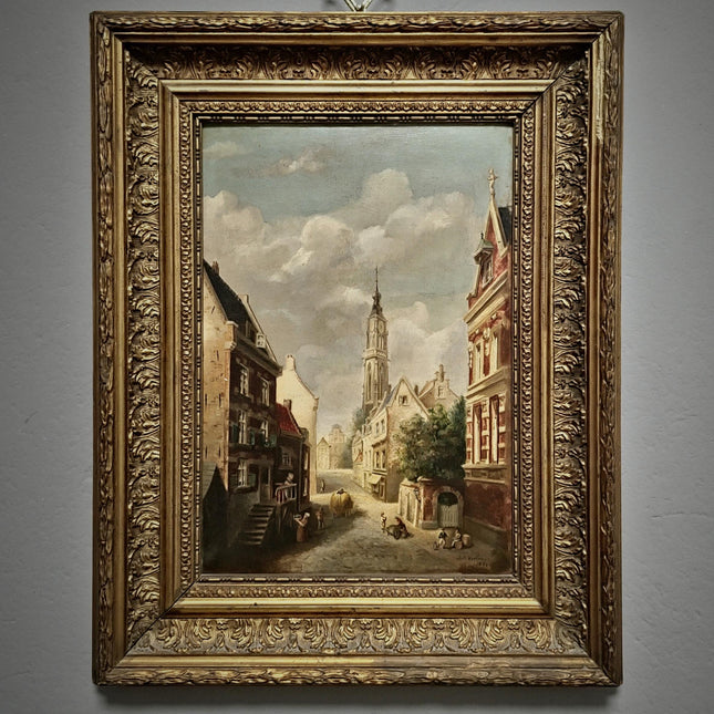 Antique Belgian Cityscape Oil Painting, Gold Framed Original Artwork, Signed Collectible Fine Landscape, Cottagecore Decor, Home Wall Art