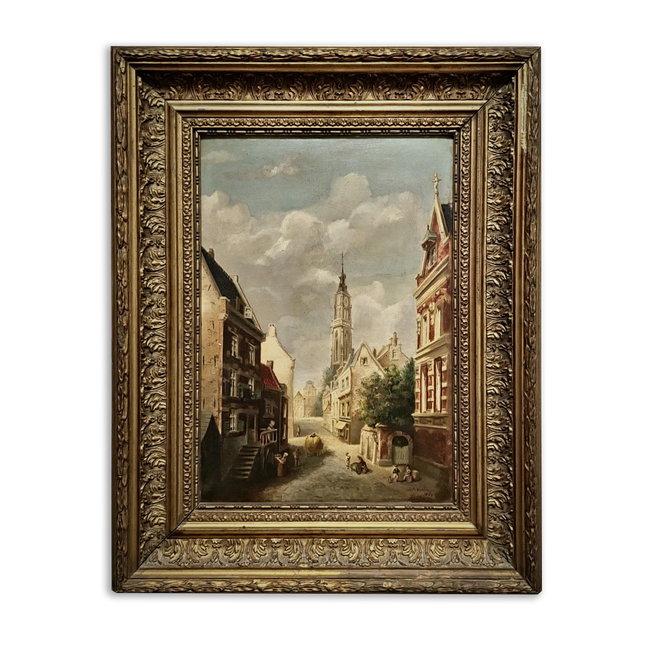 Antique Belgian Cityscape Oil Painting, Gold Framed Original Artwork, Signed Collectible Fine Landscape, Cottagecore Decor, Home Wall Art