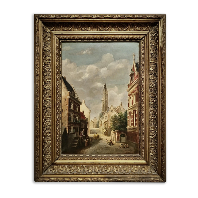 Antique Belgian Cityscape Oil Painting, Gold Framed Original Artwork, Signed Collectible Fine Landscape, Cottagecore Decor, Home Wall Art