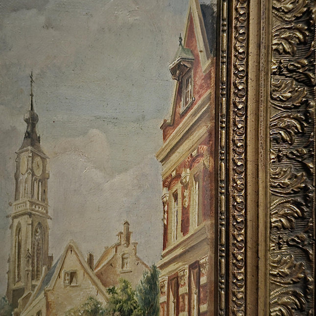 Antique Belgian Cityscape Oil Painting, Gold Framed Original Artwork, Signed Collectible Fine Landscape, Cottagecore Decor, Home Wall Art