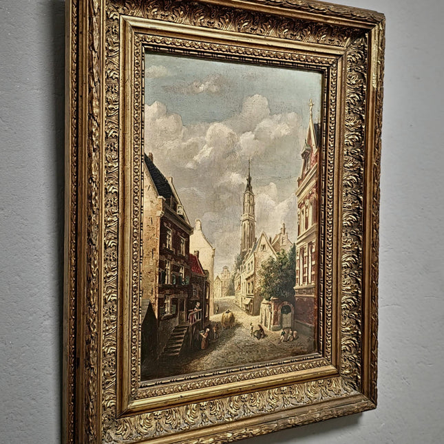 Antique Belgian Cityscape Oil Painting, Gold Framed Original Artwork, Signed Collectible Fine Landscape, Cottagecore Decor, Home Wall Art