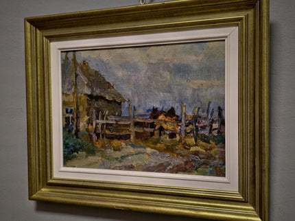 Vintage Ukrainian Landscape Oil Painting, Framed Farm Scene, Signed Artwork