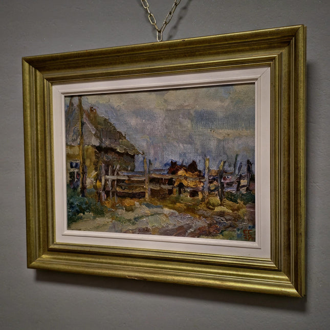 Vintage Ukrainian Landscape Oil Painting, Framed Farm Scene, Signed Artwork
