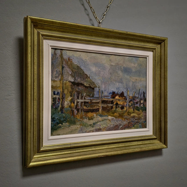 Vintage Ukrainian Landscape Oil Painting, Framed Farm Scene, Signed Artwork