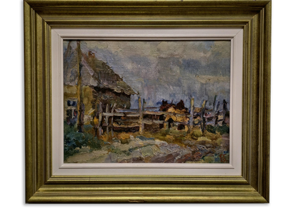 Vintage Ukrainian Landscape Oil Painting, Framed Farm Scene, Signed Artwork