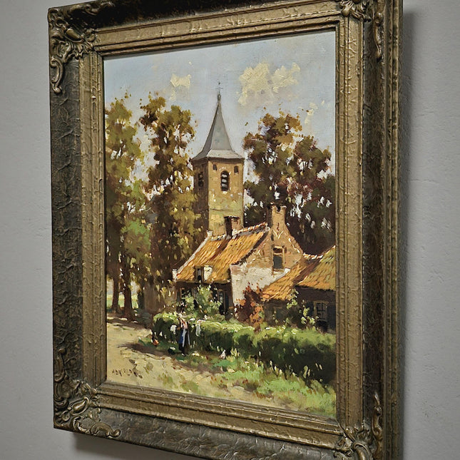 Antique Impressionist Landscape Oil Painting, Signed Original Dutch Artwork, Dark Moody Rustic Village Scene, Vintage Farmhouse Wall Decor