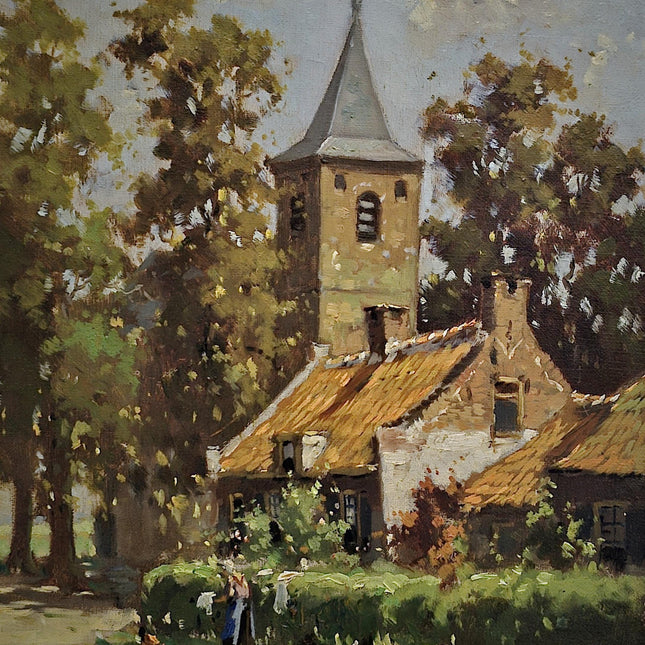 Antique Impressionist Landscape Oil Painting, Signed Original Dutch Artwork, Dark Moody Rustic Village Scene, Vintage Farmhouse Wall Decor