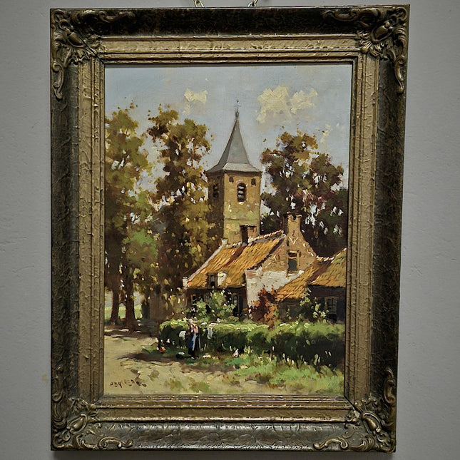 Antique Impressionist Landscape Oil Painting, Signed Original Dutch Artwork, Dark Moody Rustic Village Scene, Vintage Farmhouse Wall Decor