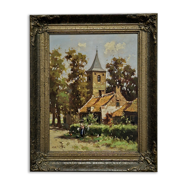 Antique Impressionist Landscape Oil Painting, Signed Original Dutch Artwork, Dark Moody Rustic Village Scene, Vintage Farmhouse Wall Decor