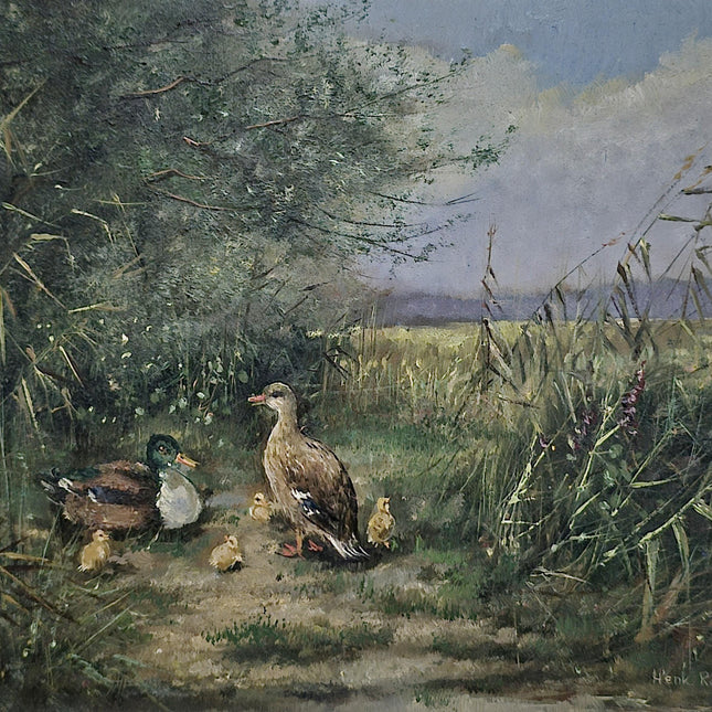 Vintage Dutch Animal Painting with Ducks, Signed Oil on Panel, Rustic Farm Landscape, Vintage European Fine Art, Collectible Wall Decor