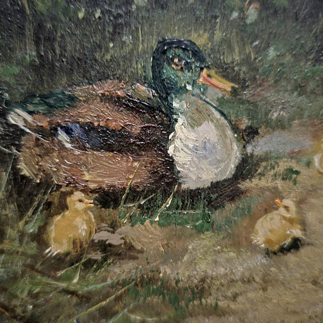 Vintage Dutch Animal Painting with Ducks, Signed Oil on Panel, Rustic Farm Landscape, Vintage European Fine Art, Collectible Wall Decor