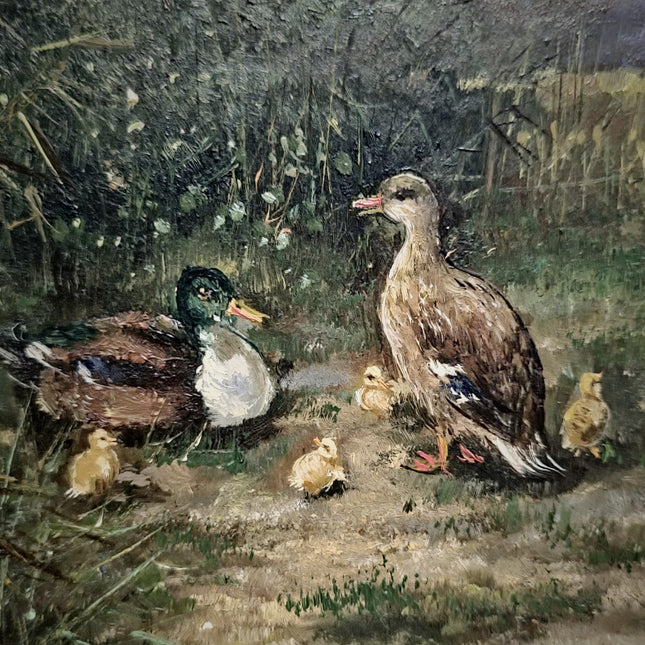 Vintage Dutch Animal Painting with Ducks, Signed Oil on Panel, Rustic Farm Landscape, Vintage European Fine Art, Collectible Wall Decor