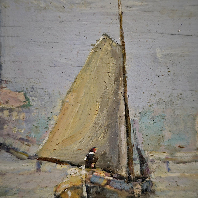 Vintage Dutch Seascape Oil Painting, Harbour Marine Landscape, Signed Original Artwork, Nautical Wall Decor, Framed European Fine Art