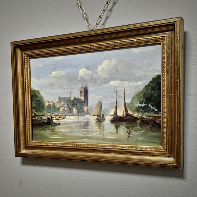Vintage Dutch Seascape Oil Painting, Harbour Marine Landscape, Signed Original Artwork, Nautical Wall Decor, Framed European Fine Art