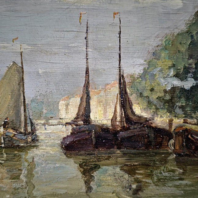 Vintage Dutch Seascape Oil Painting, Harbour Marine Landscape, Signed Original Artwork, Nautical Wall Decor, Framed European Fine Art