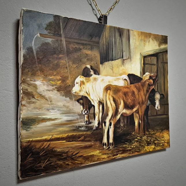 Vintage French Pastoral Oil Painting, Rustic Farm Scene, Signed Animal Artwork, Farmhouse Wall Decor, Collectible European Art, Unique Gift