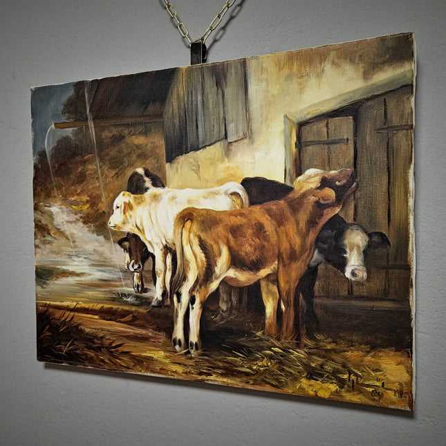 Vintage French Pastoral Oil Painting, Rustic Farm Scene, Signed Animal Artwork, Farmhouse Wall Decor, Collectible European Art, Unique Gift