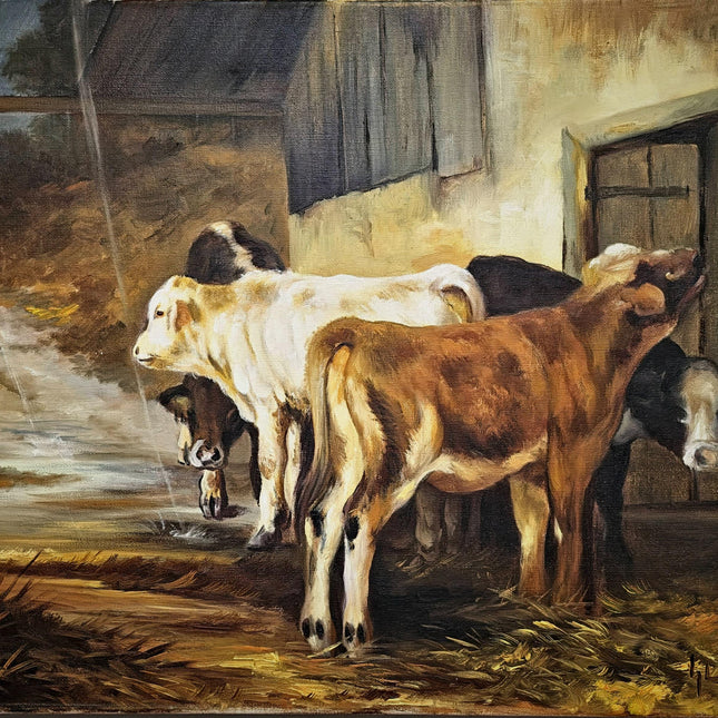 Vintage French Pastoral Oil Painting, Rustic Farm Scene, Signed Animal Artwork, Farmhouse Wall Decor, Collectible European Art, Unique Gift