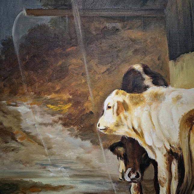 Vintage French Pastoral Oil Painting, Rustic Farm Scene, Signed Animal Artwork, Farmhouse Wall Decor, Collectible European Art, Unique Gift