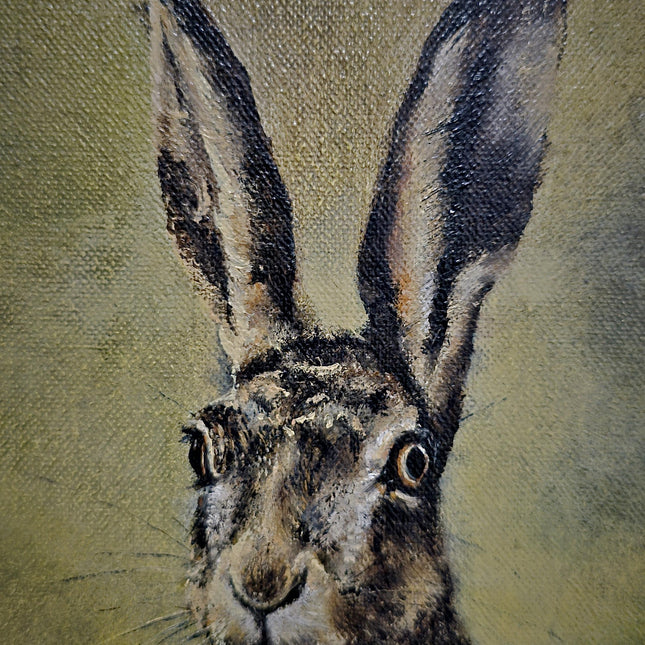 Vintage Dutch Wildlife Oil Painting, Signed Original Hare Portrait, Realistic Animal Artwork, Rustic Farmhouse Wall Decor, European Fine Art