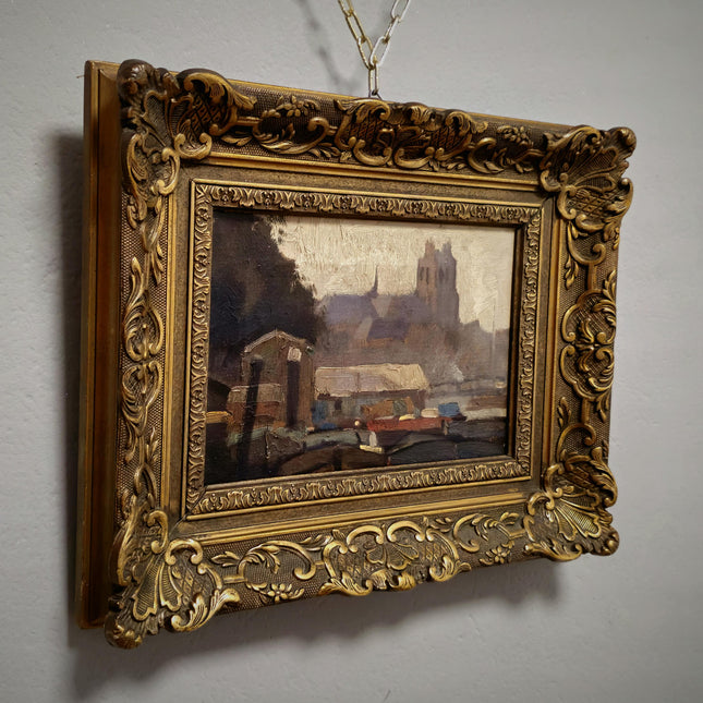 Antique Dutch Cityscape Oil Painting, Gold Framed Streetscape Decor, Signed Original Artwork, Vintage Wall Art, Collectible Fine Landscape