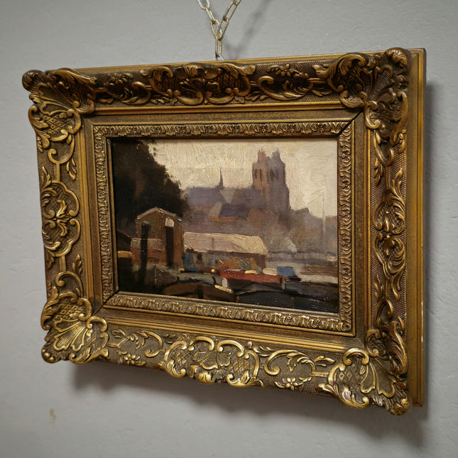 Antique Dutch Cityscape Oil Painting, Gold Framed Streetscape Decor, Signed Original Artwork, Vintage Wall Art, Collectible Fine Landscape