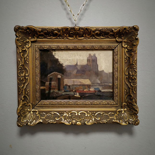 Antique Dutch Cityscape Oil Painting, Gold Framed Streetscape Decor, Signed Original Artwork, Vintage Wall Art, Collectible Fine Landscape