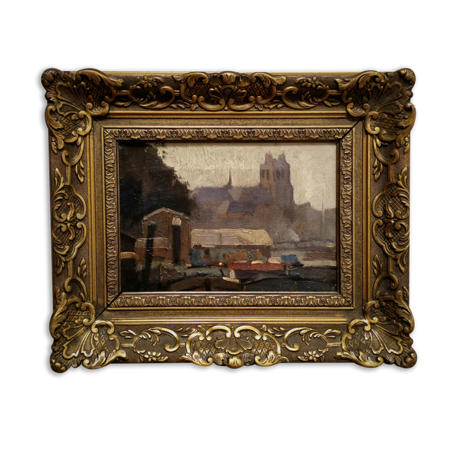 Antique Dutch Cityscape Oil Painting, Gold Framed Streetscape Decor, Signed Original Artwork, Vintage Wall Art, Collectible Fine Landscape