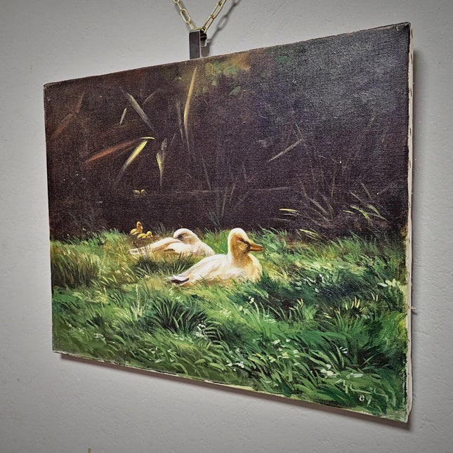 Vintage French Animal Oil Painting Ducks in Meadow, Rustic Farmhouse Wall Decor, Signed Artwork, Collectible European Art, Unique Gift Idea
