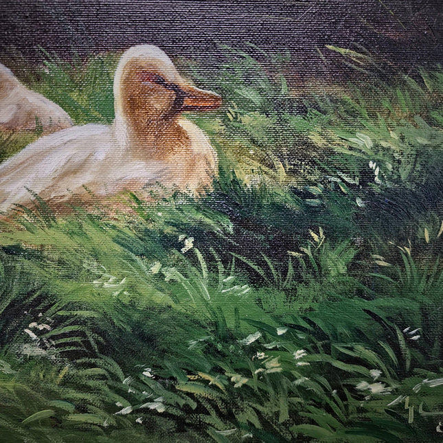 Vintage French Animal Oil Painting Ducks in Meadow, Rustic Farmhouse Wall Decor, Signed Artwork, Collectible European Art, Unique Gift Idea