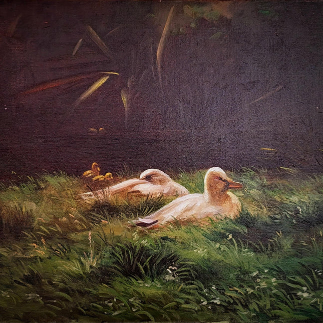 Vintage French Animal Oil Painting Ducks in Meadow, Rustic Farmhouse Wall Decor, Signed Artwork, Collectible European Art, Unique Gift Idea