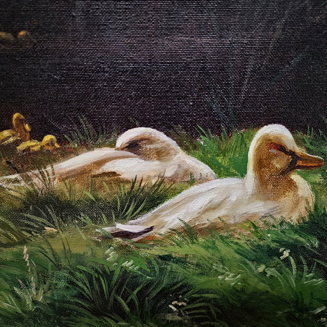 Vintage French Animal Oil Painting Ducks in Meadow, Rustic Farmhouse Wall Decor, Signed Artwork, Collectible European Art, Unique Gift Idea