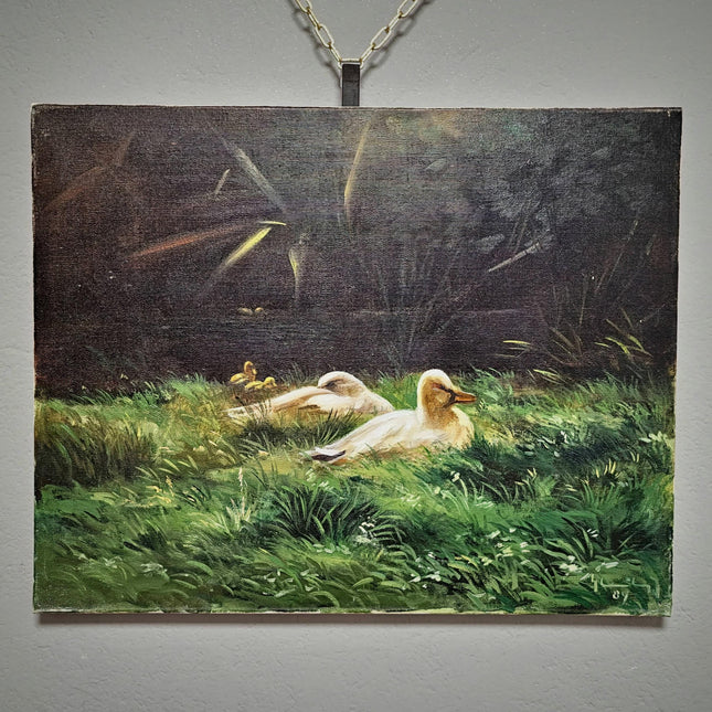 Vintage French Animal Oil Painting Ducks in Meadow, Rustic Farmhouse Wall Decor, Signed Artwork, Collectible European Art, Unique Gift Idea