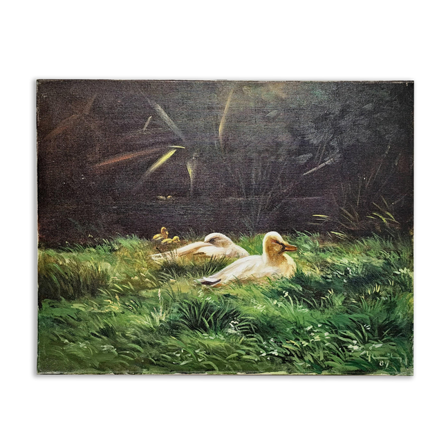 Vintage French Animal Oil Painting Ducks in Meadow, Rustic Farmhouse Wall Decor, Signed Artwork, Collectible European Art, Unique Gift Idea