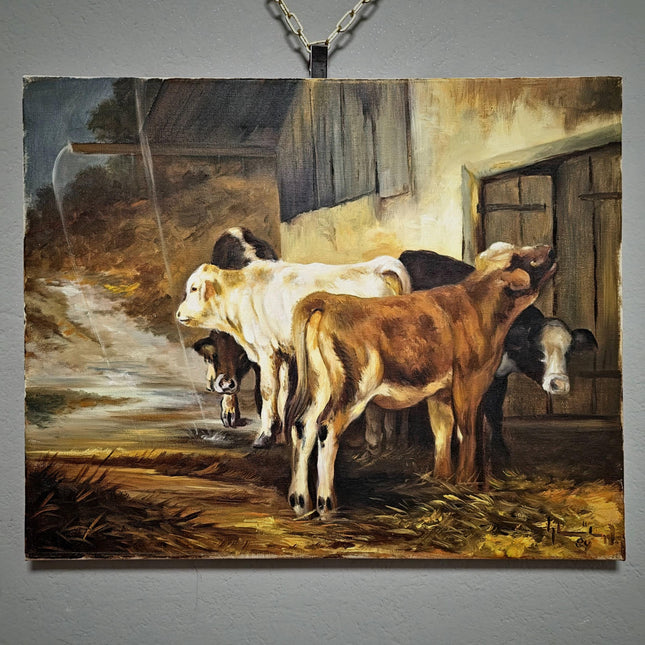 Vintage French Pastoral Oil Painting, Rustic Farm Scene, Signed Animal Artwork, Farmhouse Wall Decor, Collectible European Art, Unique Gift