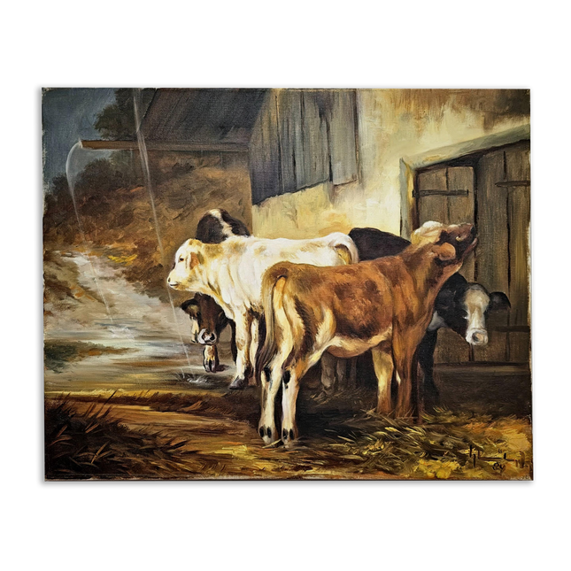 Vintage French Pastoral Oil Painting, Rustic Farm Scene, Signed Animal Artwork, Farmhouse Wall Decor, Collectible European Art, Unique Gift