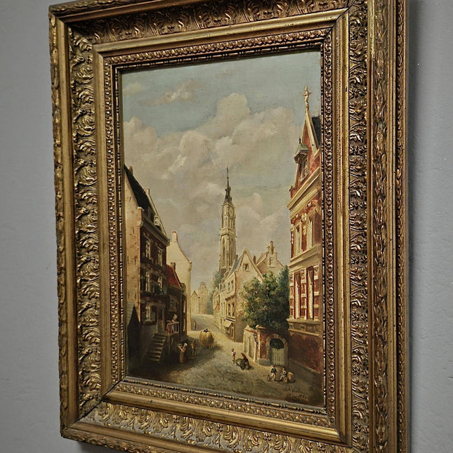 Antique Belgian Cityscape Oil Painting, Gold Framed Original Artwork, Signed Collectible Fine Landscape, Cottagecore Decor, Home Wall Art