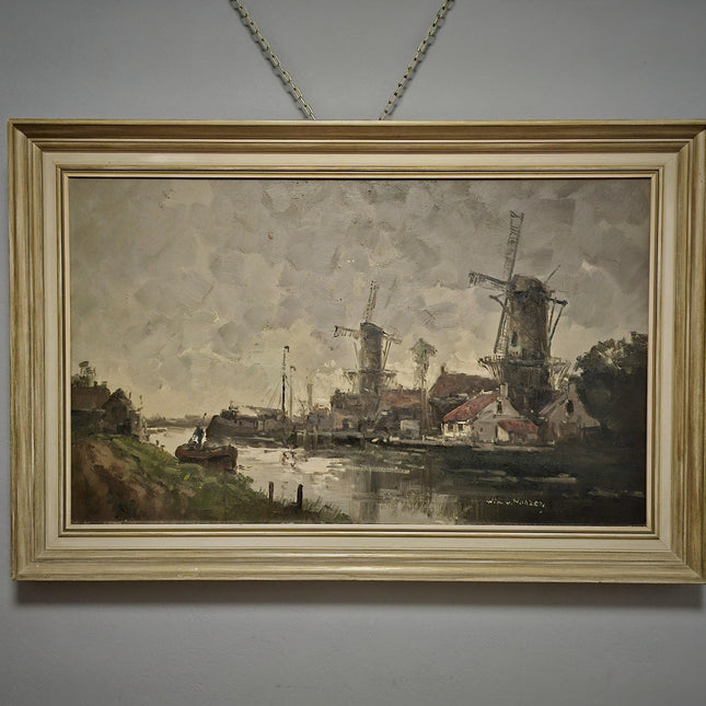 Vintage Large Dutch River Landscape Oil Painting Signed Original Windmill Artwork European Fine Art Farmhouse Wall Decor Collectible Gift
