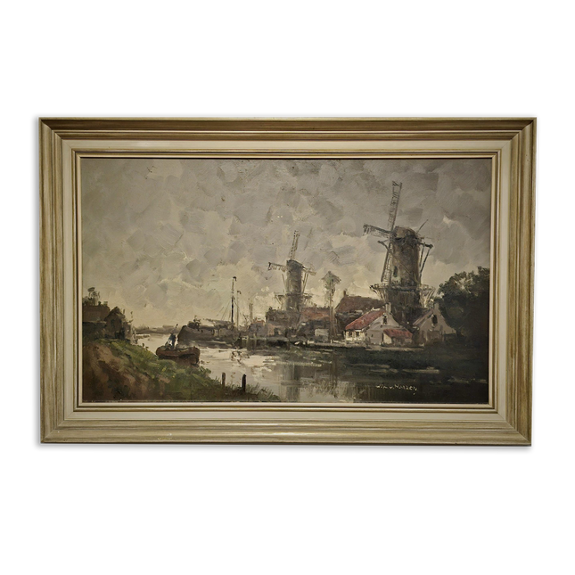 Vintage Large Dutch River Landscape Oil Painting Signed Original Windmill Artwork European Fine Art Farmhouse Wall Decor Collectible Gift