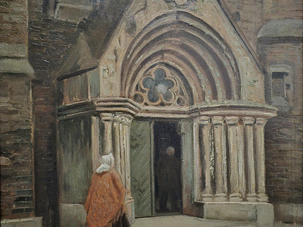Antique Dutch Gothic Church Oil Painting, Signed Framed Artwork