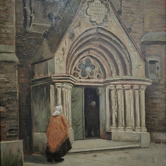 Antique Dutch Gothic Church Oil Painting, Signed Framed Artwork