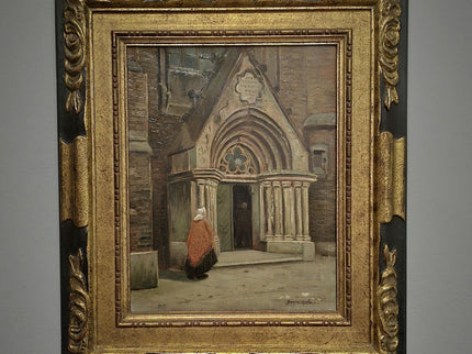 Antique Dutch Gothic Church Oil Painting, Signed Framed Artwork