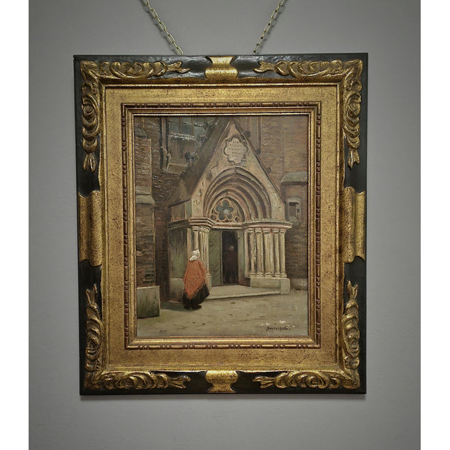Antique Dutch Gothic Church Oil Painting, Signed Framed Artwork